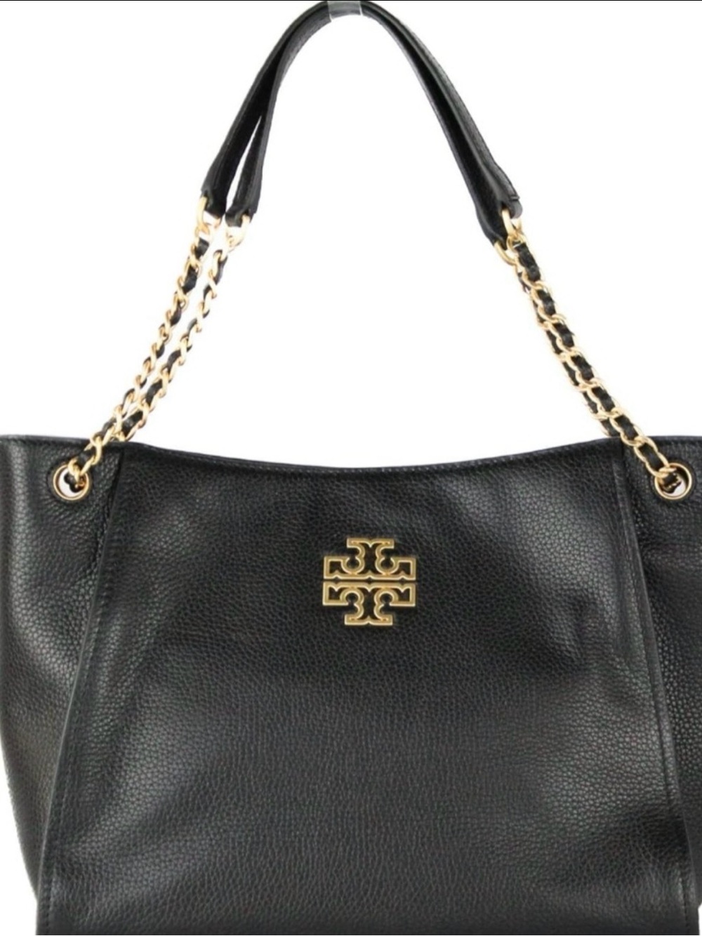 Tory Burch NWT Britton Black Pebbled Leather Shoulder Tote with Gold Chain